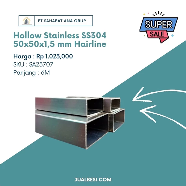 Hollow Stainless SS304 50x50x1.5 mm Hairline