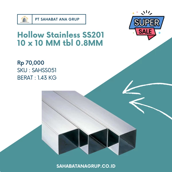 Hollow Stainless SS201 10 x 10 MM tbl 0.8MM