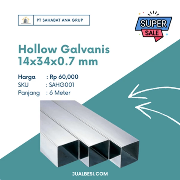 Hollow Galvanis 14x34x0.7 mm panjang 6 meter